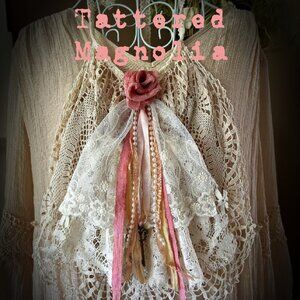 New Designer Upcycled Jabot Vintage Lace Victorian Silk Rose Tattered Magnolia